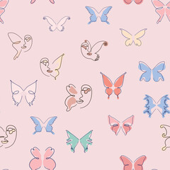 Woman face Continuous line seamless pattern. Abstract Female portrait with Butterfly. Drawing vector Wallpaper, fabric, wrapping paper, card, poster