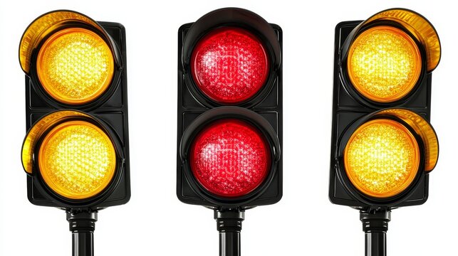  three traffic lights with red and yellow lights on a white background