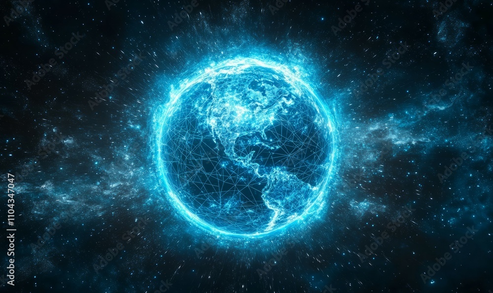 Poster a blue globe with a network of lines surrounding it