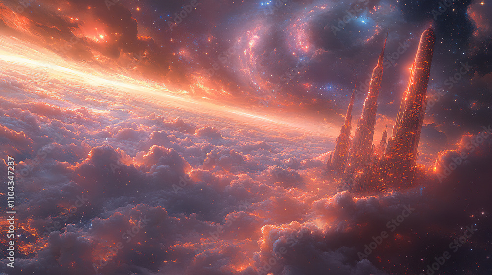 Poster celestial landscape of towering structures rising above vibrant clouds during a cosmic twilight. gen