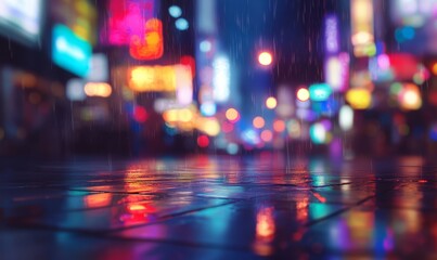 A blurry city street with neon lights and a wet sidewalk