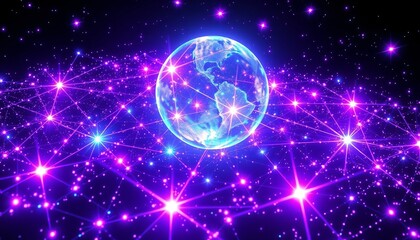 The fractals should pulse with soft light, creating an intricate web of energy throughout the galaxy. Stars should be semi-transparent, casting reflections in the surrounding space and glowing.