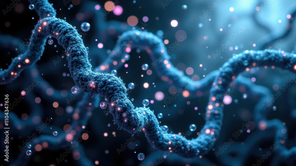 Poster image of a human insulin gene sequence with glowing spheres representing its structure and function.