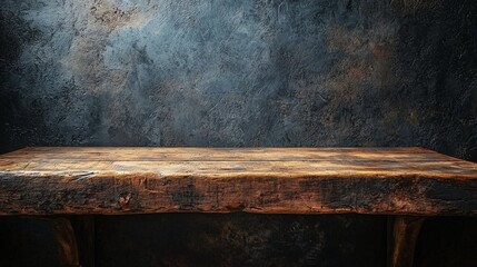 A rustic wooden table against a textured dark wall, ideal for display or photography.