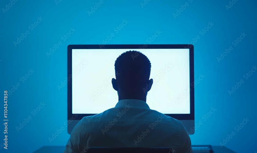 Poster a man is typing on a computer monitor with a blue background