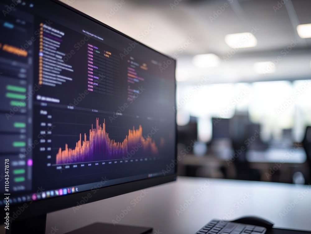 Aufkleber A low-angle perspective captures a large ultra-wide monitor showcasing detailed graphs and vibrant data visualizations in a contemporary office setting. The blurred background adds depth