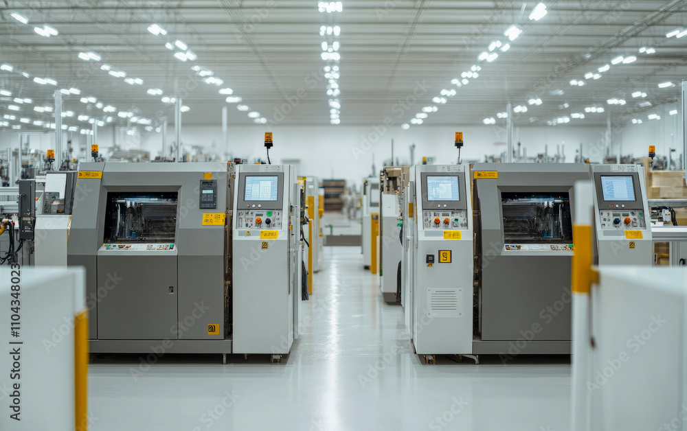 Poster modern electronics manufacturing facility with automated machinery in a spacious factory setting