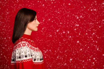 Side profile photo of nice adorable good mood woman bob hairdo dressed red sweater look empty space...