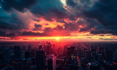 Fototapeta premium A city skyline with a beautiful sunset in the background