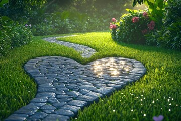 A heart-shaped stone path leading through a lush green garden, with morning dew glistening on the grass,