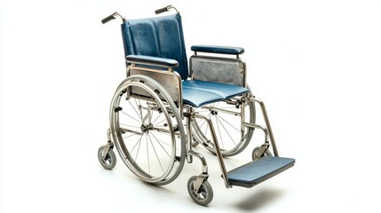 Fototapeta premium a blue wheelchair with wheels and footrests on a white background