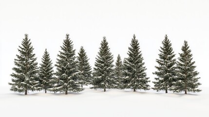  a row of Christmas trees covered in snow on a white background The trees are standing in a line, with the snow blanketing the ground around them The snow is a pri