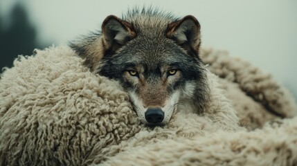  a gray wolf laying on top of a pile of sheep, with a blurred background