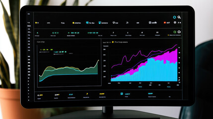 Digital Dashboard Displaying Business Analytics with Colorful Graphs and Charts