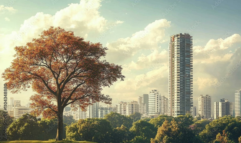 Aufkleber a cityscape with a tall building in the background and a tree in the foreground