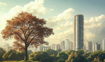 Obraz premium A cityscape with a tall building in the background and a tree in the foreground