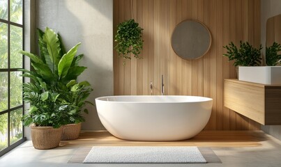 A modern bathroom with a freestanding bathtub, wooden accents, and green plants by the window, offering a calm and minimalist space for relaxation