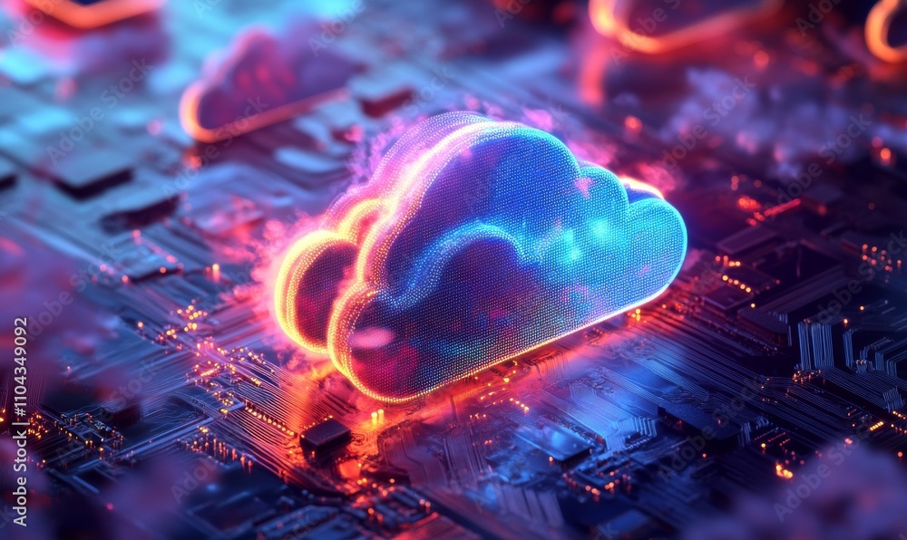 Poster a modern representation of cloud computing with glowing clouds and circuit connections, ideal for te