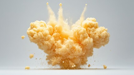  a large explosion of yellow powder on a white background, creating a vivid contrast between the bright yellow of the powder and the stark white of the background
