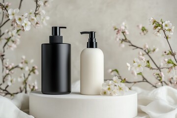 eco-friendly beauty display, spring-themed display featuring elegant beauty products on linen with watercolor flowers and sunlit backdrop, exuding artistic charm