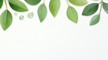 Fototapeta premium Realistic green leaves with water droplets, white background, minimalistic botanical composition, fresh and vibrant foliage, nature-inspired design, elegant and clean artwork
