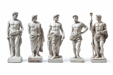 Five classical male statues, various poses.