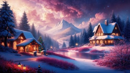 Amazing illustration of winter mountains and gingerbread houses