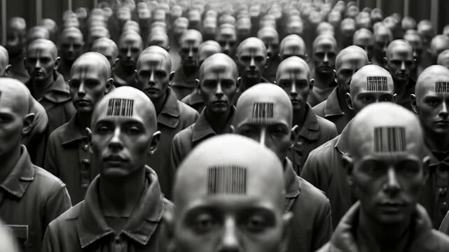 Dystopian Society Depicted Through Barcoded Foreheads and Human Dehumanization