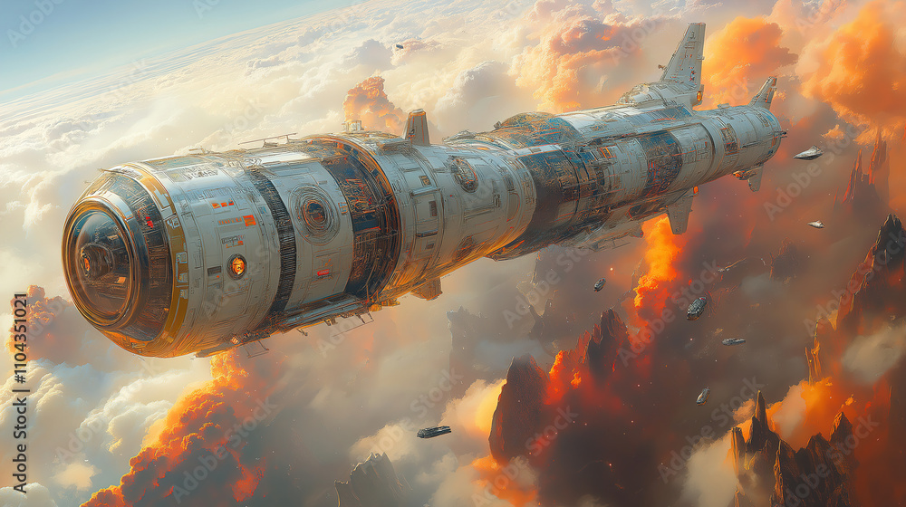 Poster spaceship navigating through a vibrant sky filled with clouds and fiery colors during a dramatic spa