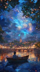 Obraz premium Magical Night Sky: Fireworks and Stars Reflecting on Tranquil River Scene