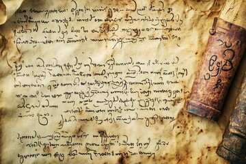 Fototapeta premium Aged parchment displays ancient script, bound scrolls.