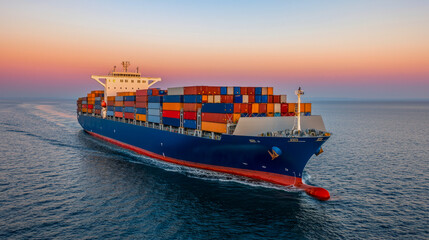 Fototapeta premium Large cargo ship sailing at sunset with stacked containers on open sea