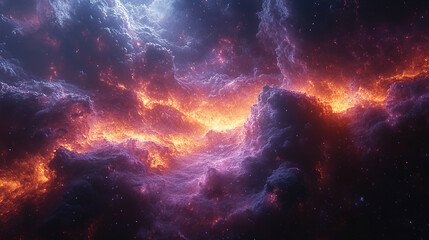 Naklejka premium Vibrant cosmic landscape with swirling clouds and glowing fiery colors in deep space. Generative AI