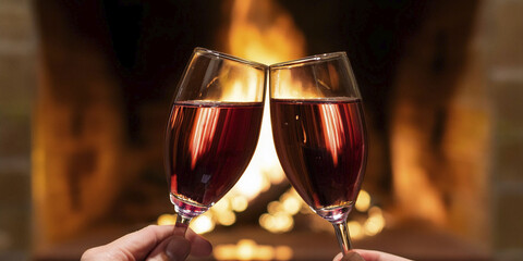 Brindis con copas delante de la chimenea