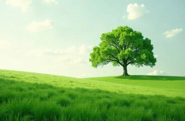 A solitary, lush green tree rises prominently on a gentle hill, surrounded by vibrant grass and bathed in warm sunlight, creating a serene atmosphere. Generative AI
