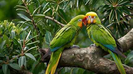 Obraz premium colorful parrots, green parrots, parrots on tree, parrots on branch, parrots in forest, birds, colorful, tropical, wings, beaks, pets, wildlife, feathers