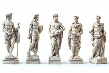 Five classical male statues, stone-like, arranged in a row.