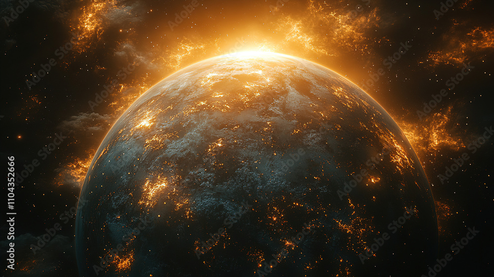 Aufkleber glowing planet with fiery atmosphere against a dark backdrop at twilight. generative ai