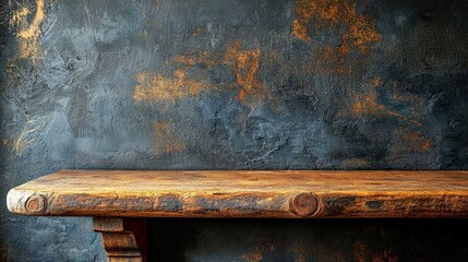 A rustic wooden table against a textured dark wall, showcasing a blend of colors.
