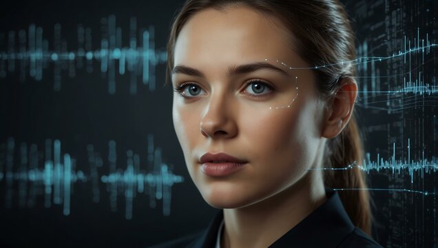 Businesswoman with AI and data overlays.