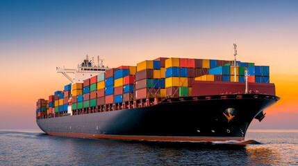 Fototapeta premium Massive cargo ship with colorful containers at sunset on the open sea
