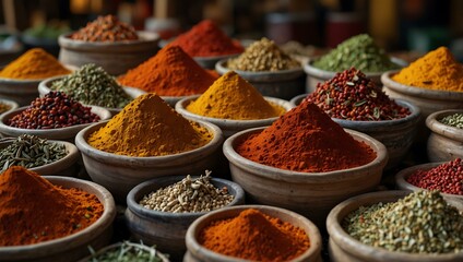 Fototapeta premium Bustling spice market with colorful spices and herbs.