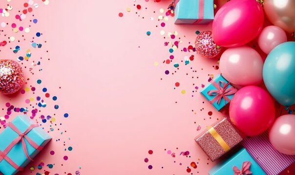 A festive flat lay style background featuring vibrant balloons presents and confetti Perfect for birthday or party greetings with room for a personalized message