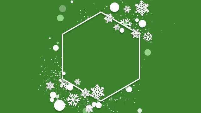 Festive animated frame with paper cutout snowflakes and a hexagonal frame with empty space for text on a green background. Looped.