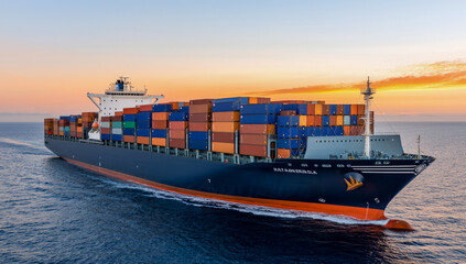 Large cargo ship navigating at sunset with stacked containers