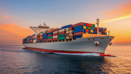 Large cargo ship transporting colorful containers at sunset on the ocean