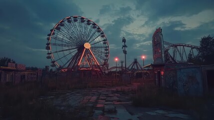 Abandoned amusement park with a Ferris wheel and overgrown surroundings.