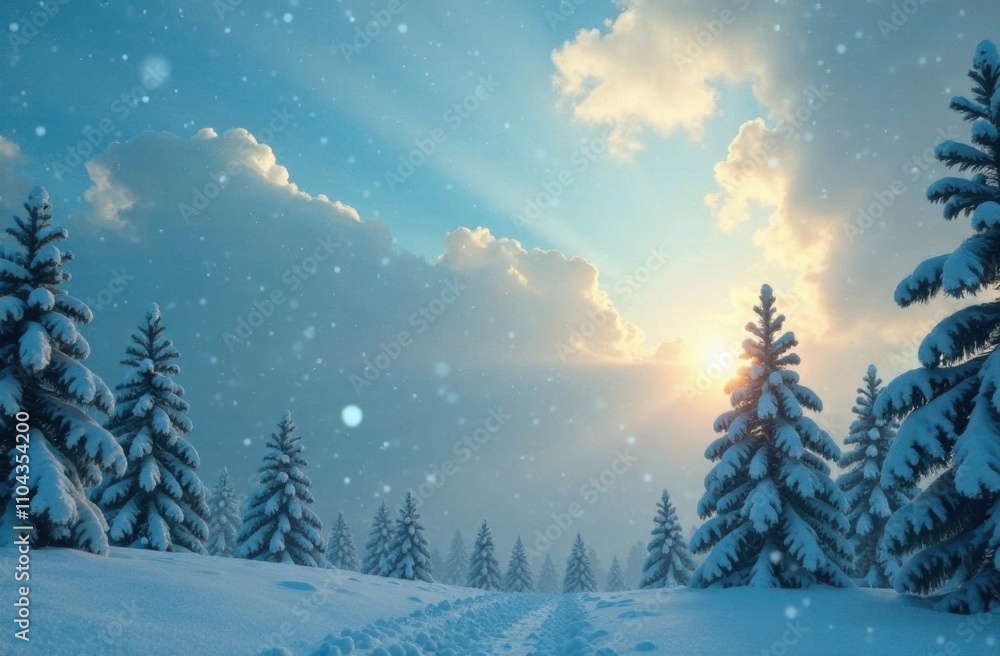 Poster sunlight breaks through clouds, illuminating a snowy forest with tall evergreen trees, creating a tr