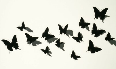 A group of butterflies in silhouette, flying upwards in a gentle arc formation, on a bright white background