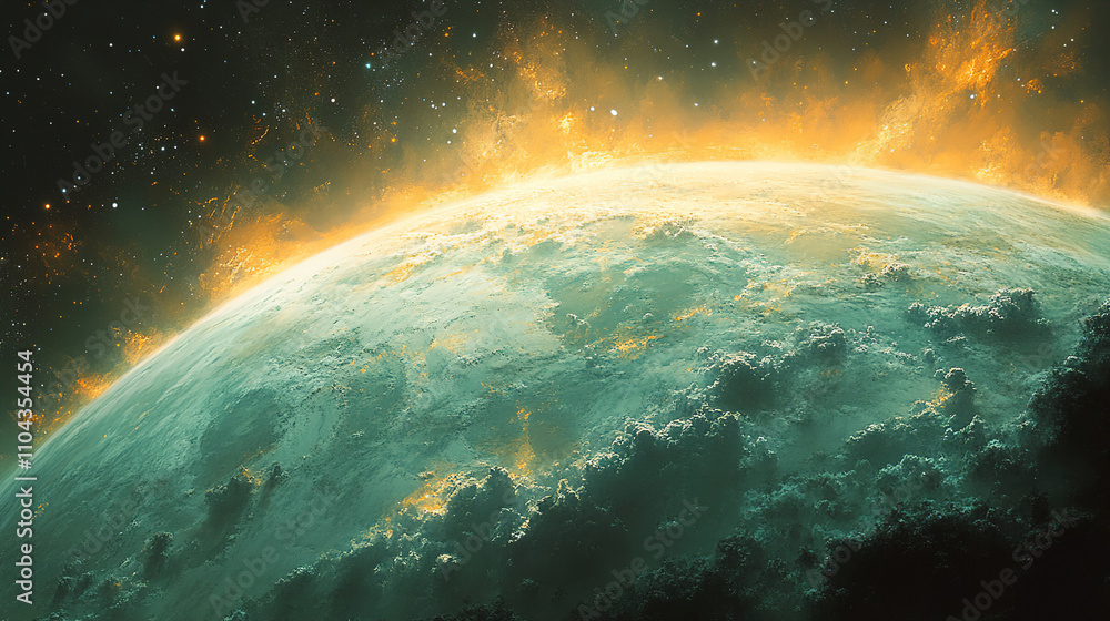 Poster vibrant celestial view showcasing a glowing planet surrounded by colorful clouds and cosmic backgrou